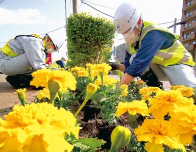 写真：色鮮やかな花苗を植え込む社員たち＝２３日午後