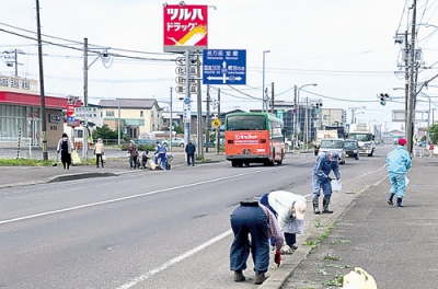写真：道路沿いの清掃活動を行う町内会員（提供写真）