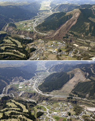 写真：２０１６年４月１６日（上）と今年４月１０日の熊本県南阿蘇村。崩落した山肌は残されており、県は震災遺構を巡るフィールドミュージアム「記憶の廻廊」の整備を進めている（共同通信社ヘリから