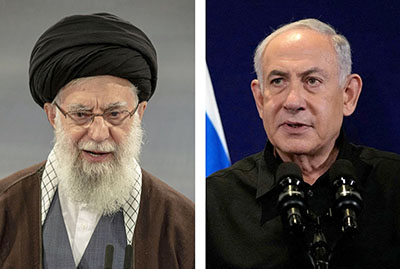 写真：イランの最高指導者ハメネイ師（ゲッティ＝共同）、イスラエルのネタニヤフ首相（ロイター＝共同）