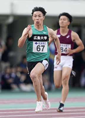 写真：布勢スプリントの男子１００メートルで２位に入った広島大の山本匠真＝ヤマタスポーツパーク陸上競技場