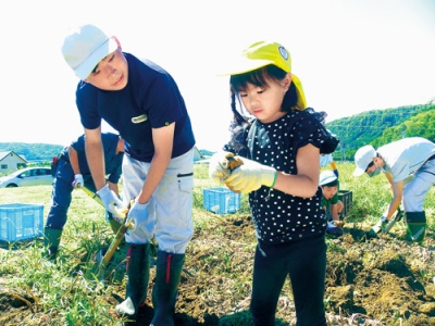 写真：ジャガイモを一緒に収穫する壮瞥高生と園児（提供写真）