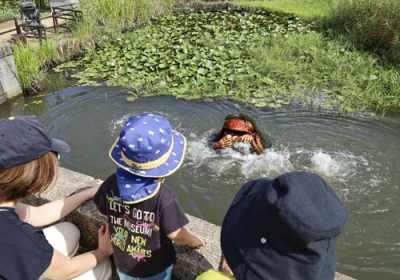 写真：柳田国男生家に近い辻川山公園の池から現れるカッパのガジロウ像＝兵庫県福崎町