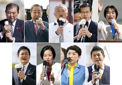 写真：衆院選が公示され、第一声を上げる（左上から右下へ）自民党総裁の石破首相、立憲民主党の野田代表、日本維新の会の馬場代表、公明党の石井代表、共産党の田村委員長、国民民主党の玉木代表、れいわ新選組の櫛渕共同代表、社民党の福島党首、参政党の神谷代表＝１５日午前