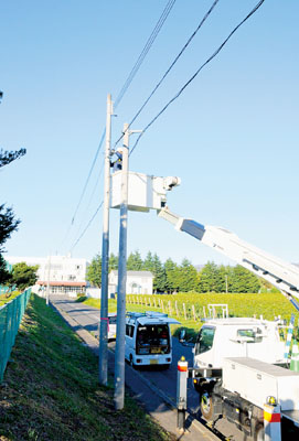 写真：防犯灯を設置する作業員