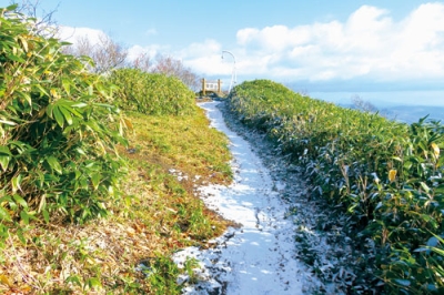 写真：初冠雪を観測した２０日午前８時ごろの室蘭岳。山頂付近の登山道がうっすらと雪化粧していた（提供写真）