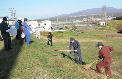 写真：草を集めて清掃を行う参加者たち