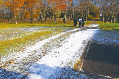 写真：雪が積もった室蘭市宮の森町の中島公園＝１８日午前８時半ごろ