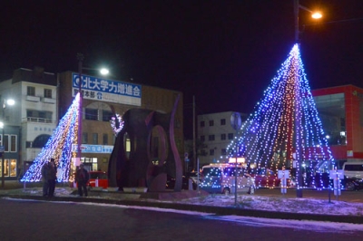 写真：１万７千個のイルミネーションがきらめくＪＲ東室蘭駅西口前広場＝１９日午後６時ごろ