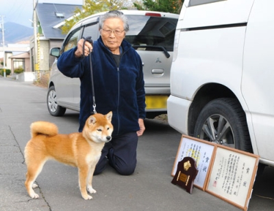 写真：日本犬全国展覧会の小型犬（柴犬）雌の部で３席を喜ぶ「蘭華号」と飼い主の小森さん