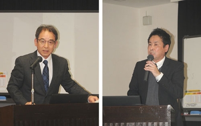 写真：熊本県の事例を基に講演する宮部さん（右）と荒尾社長