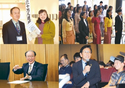 写真：（左上から時計回りに）市民美術館２０万人目の入館者に記念品が贈られた、入学式に臨むミャンマー人留学生ら、講演中に観客席の子どもたちと触れ合う栗山秀樹さん、大学改革に向けた抱負を述べる室工大の松田新学長―など話題のあった２０２４年