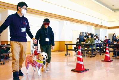 写真：盲導犬のエスコートで障害物を避ける受講者ら