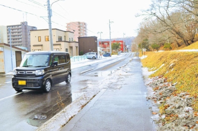 写真：雪が解けた影響で道路に水たまりができた中島公園前の路面