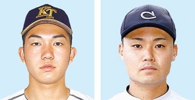 写真:石垣元気投手(左)、秋山俊外野手