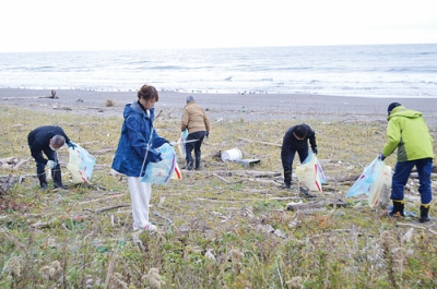 写真:海岸清掃をする参加者たち
