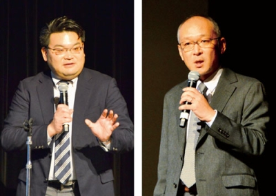 写真:過去4回の有珠山噴火の特徴を伝える青山教授(右)と、電子戦への警戒を呼びかけた長谷川主任研究官