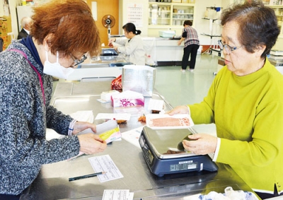 写真:計測器を使って内容量を調べる山田会長(右)ら