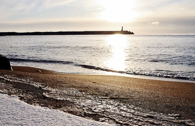 写真:朝日を浴びて輝く波間の氷(志賀さん撮影)