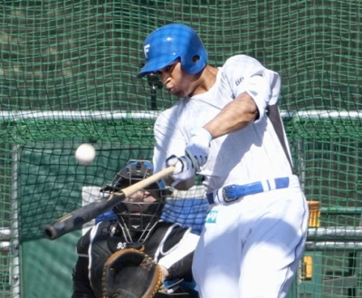 写真:フリー打撃で快音を響かせる日本ハム・万波=名護