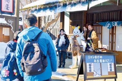 写真:観光客と写真撮影をするニャンまげ