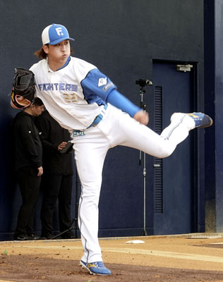 写真:ブルペンで投球練習する日本ハムの細野=名護