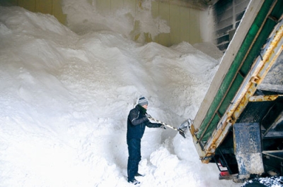 写真:運び込まれた雪でいっぱいになる倉庫=3日午後