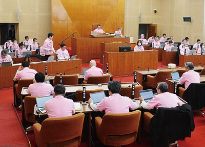 写真:ピンク色のTシャツを着用して続開した本会議