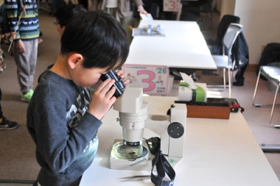 写真:顕微鏡で微小生物を観察する子ども